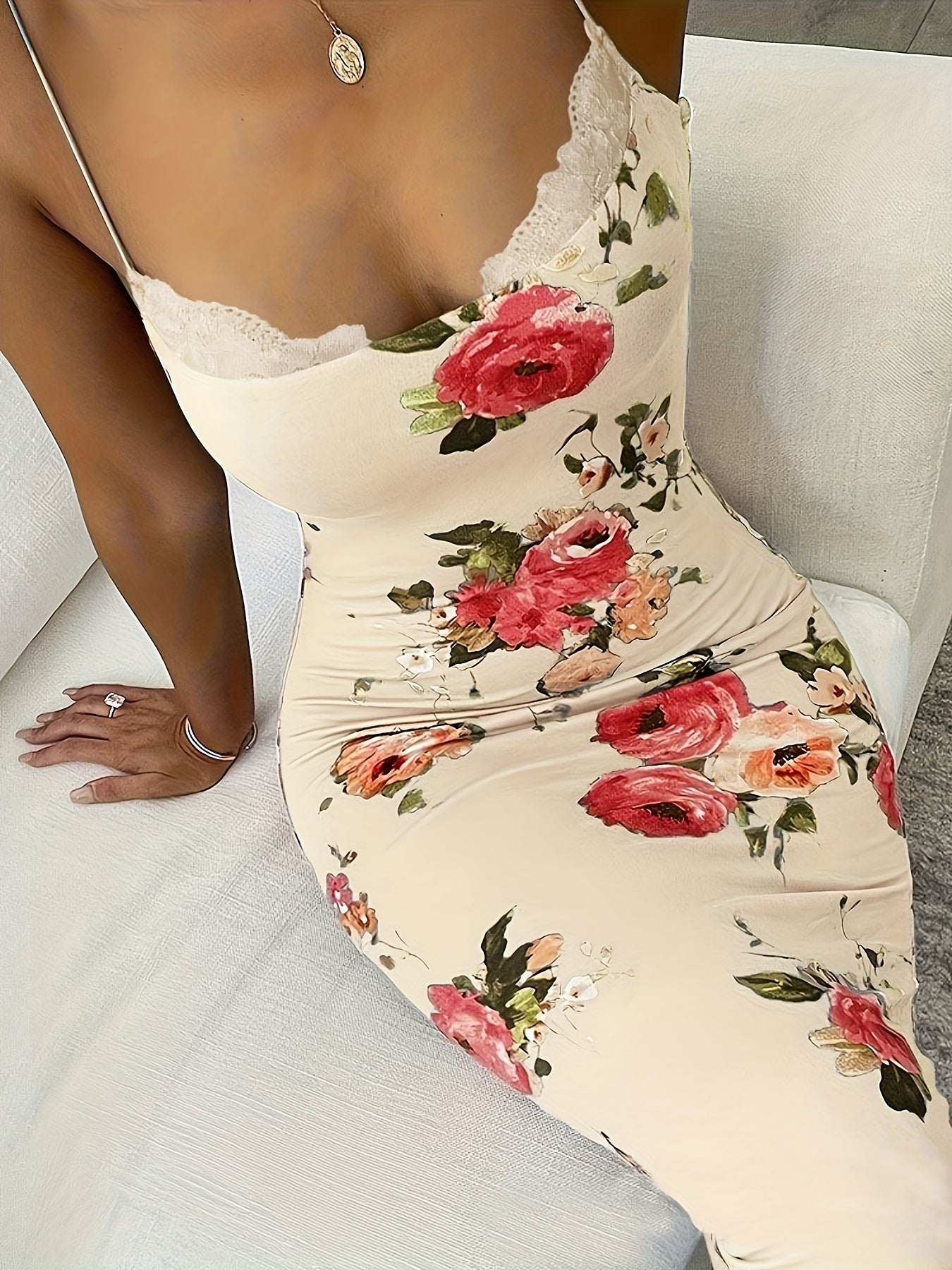Print Lace-Trim Cami Midi Dress - Sleeveless, Stretch Fit, Summer Women’s Fashion in Green with Vibrant Pink & Peach Flowers
